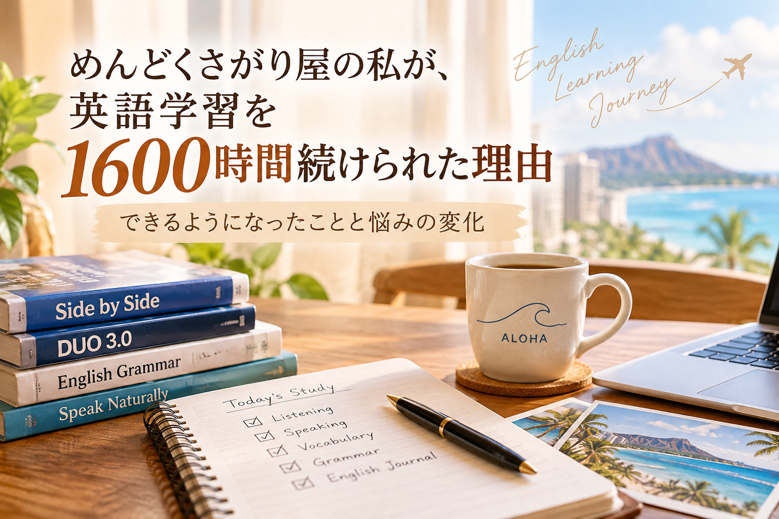 英語教材や学習ノート、パソコン、コーヒーカップが並ぶ机とハワイの風景。英語学習を1600時間続けられた理由を紹介する記事のアイキャッチ画像。
